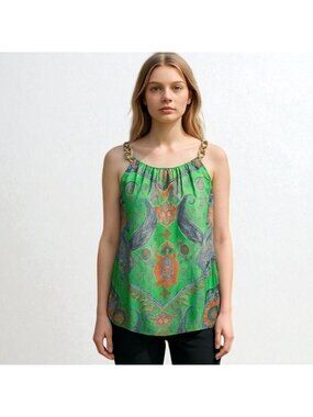 Jade Melody Tam Boho Paisley Tank Top Medium Green Lined Chain Strap Blouse